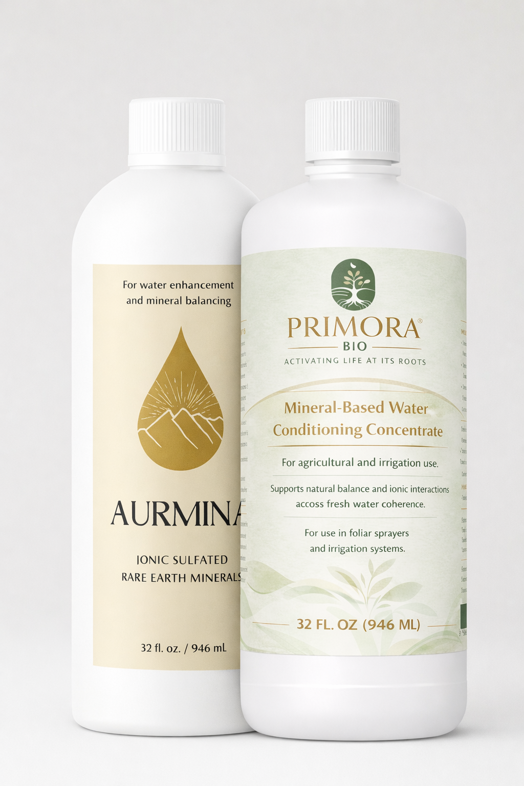 An Aurmina bottle beside a Primora Bio bottle
